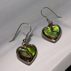 Silver Tone Incased Abalone Shells Pierced Earrings Heart Shape Hook Wire